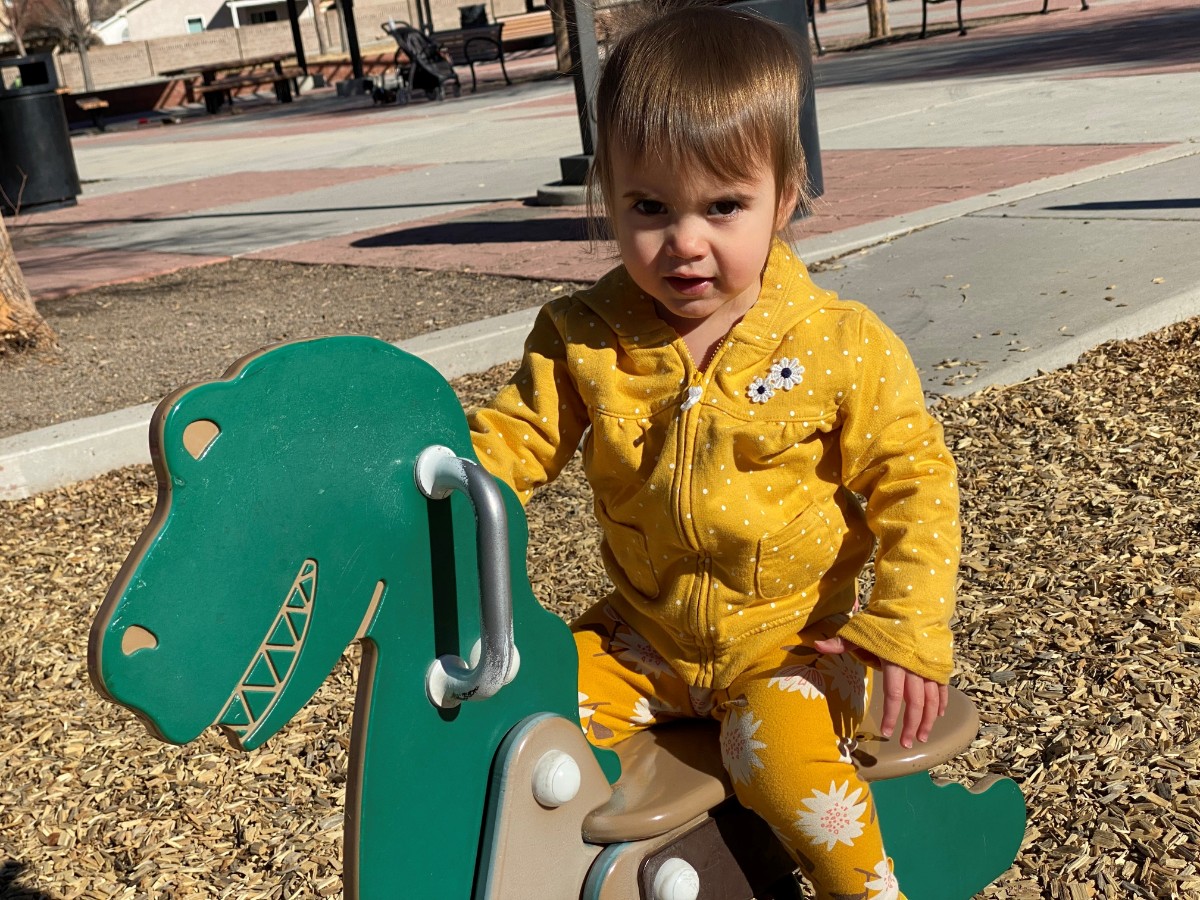 A little girl sitting a dinosaur shaped ride on a playground